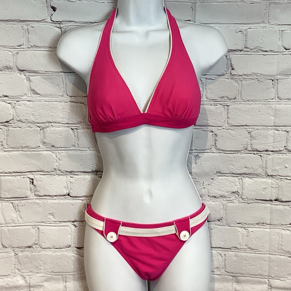 LIQUID GIRL JAMES BOND INSPIRED 2 PC BELTED BIKINI SET PINK WHITE SZ MED